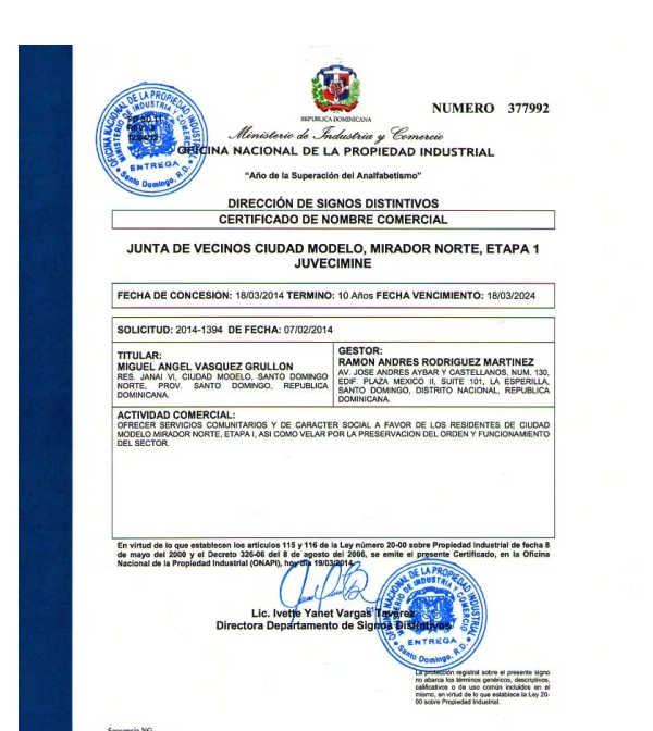 certificado de nombre comercial