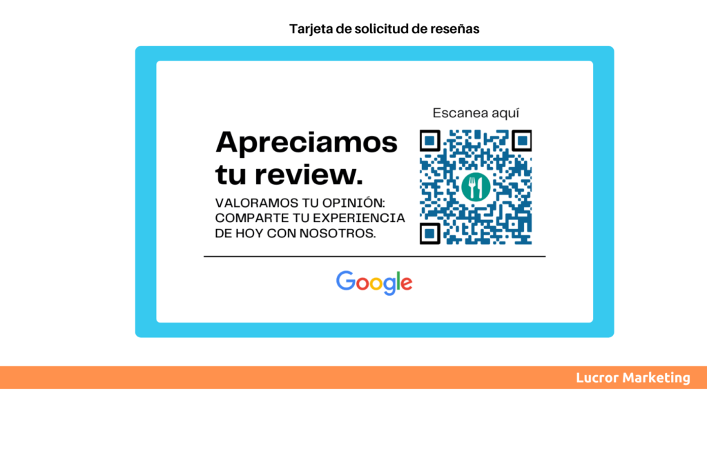 Fotografía de la tarjeta con código QR para solicitar reseñas de Google en clientes del restaurante.