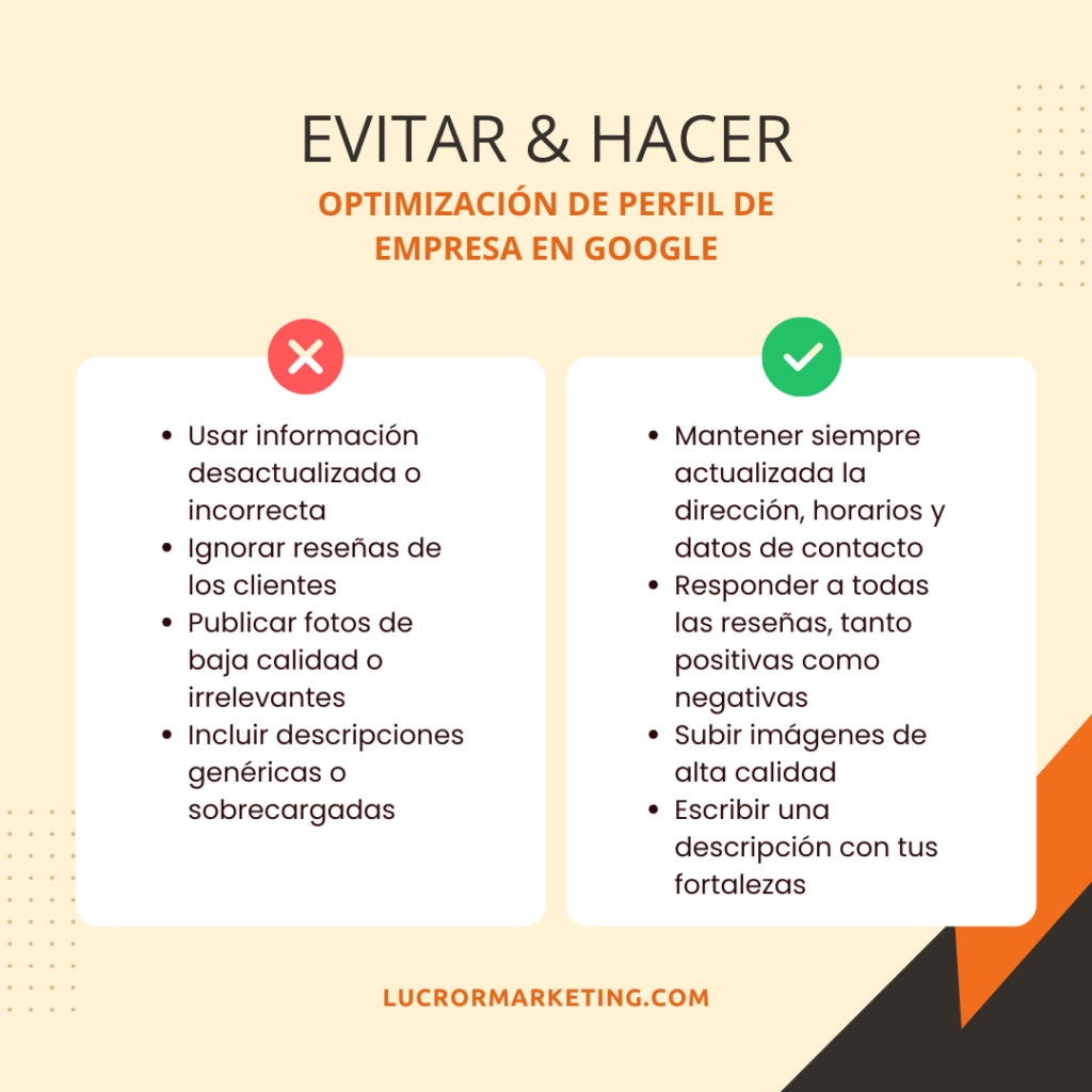 imagen mostrando que evitar y hacer para la optimización de empresa en Google.