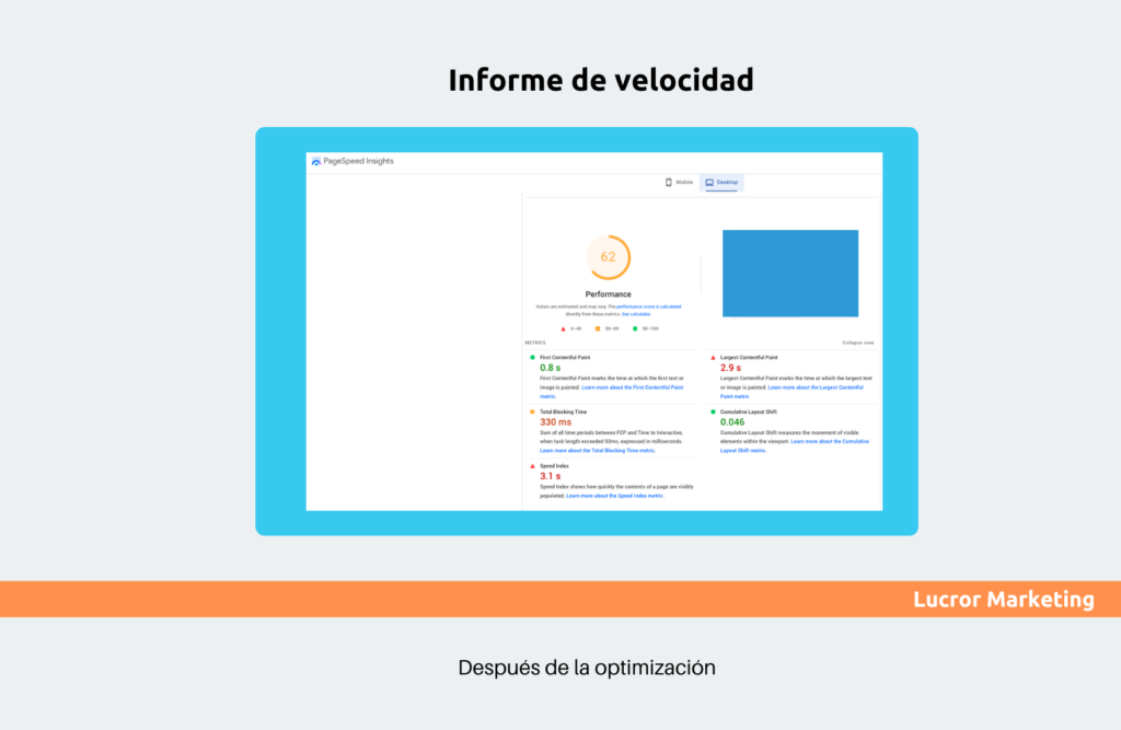 captura de pantalla de page speed insights con infome web